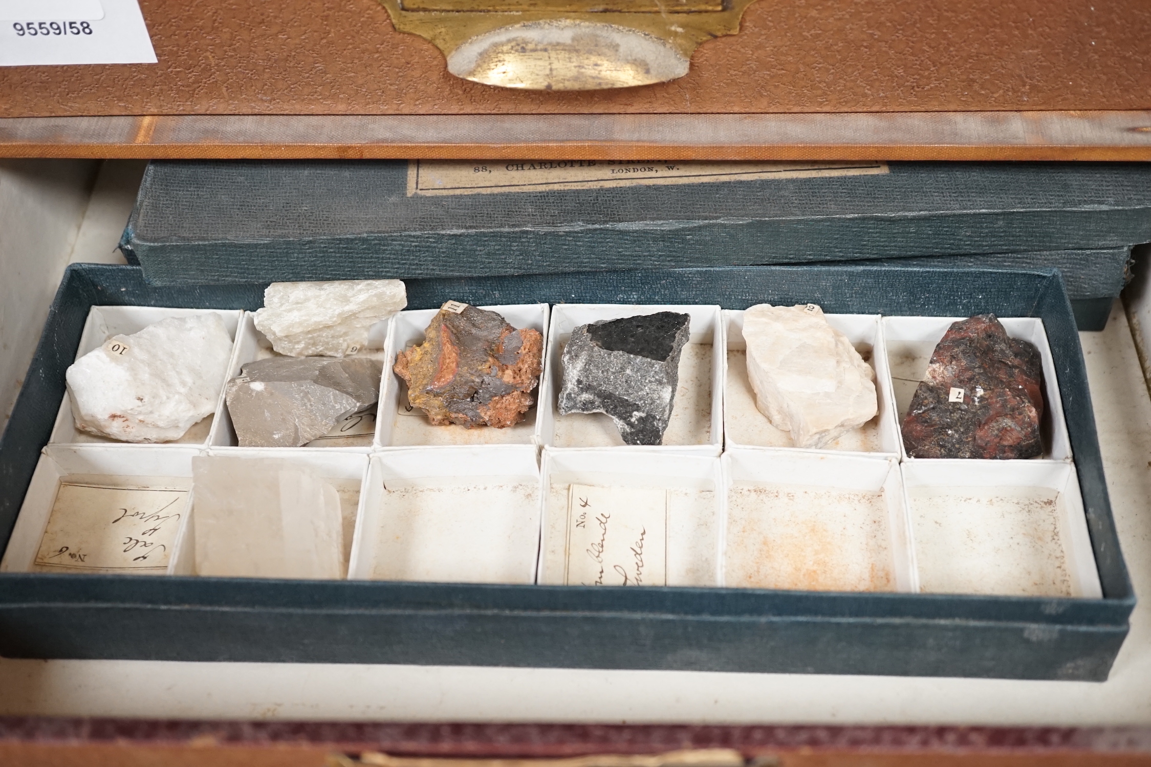 James R. Gregory. Elementary rocks and rock formed minerals, a collection divided between five labelled boxes, in a four drawer desk top filing case